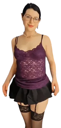 AI-generated dark-haired woman wearing round glasses, a purple lace camisole, black mini skirt and stockings, smiling flirtatiously.