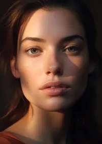 Hyperrealistic AI portrait of a young woman with hazel eyes, illuminated by warm light, showcasing Xeve.ai's image quality.