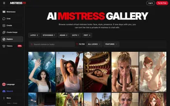 The AI Mistress Gallery page on Mistress.to, showing curated virtual mistress looks with latex, stockings, goth and feet tags.