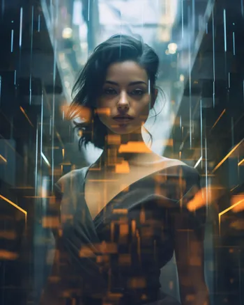 Cinematic AI portrait of a dark-haired woman surrounded by glowing teal and amber geometric light reflections.