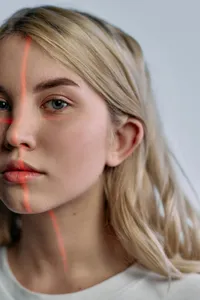 Digital representation of a woman integrated with light patterns, symbolizing digital presence