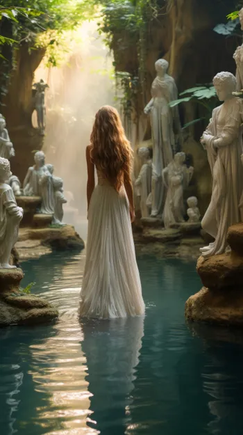 A woman in a mythical, video-game-inspired landscape, representing fantasy and sci-fi AI girlfriend personas.