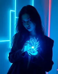 A futuristic portrait of a woman holding a glowing AI neural network, symbolizing the advanced technology behind Xeve.ai.