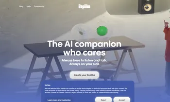 A screenshot of the Replika AI companion website homepage.