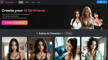 The ThotChat homepage in 2025, offering an AI girlfriend with uncensored chat, pictures and voice messages.