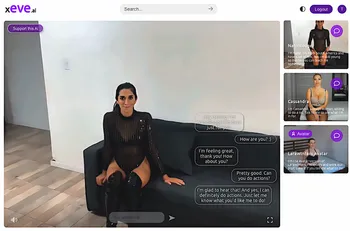 The user interface of xeve.ai showing an interactive video chat with an AI character named Nahir.