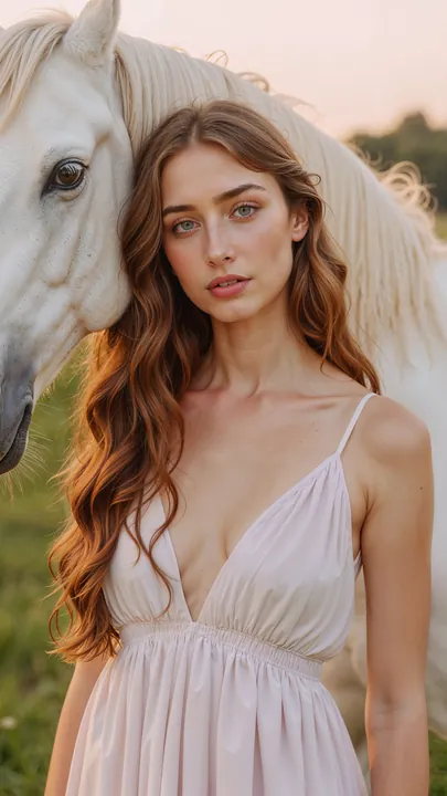 Reference woman-pink-dress-with-white-horse.webp