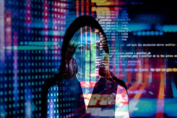 A woman interacting with a futuristic digital interface, symbolizing the connection between humans and AI.