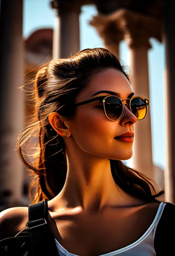 An AI-generated portrait of an elegant woman in sunglasses at golden hour, the kind of still that becomes the first frame of an AI girlfriend video.