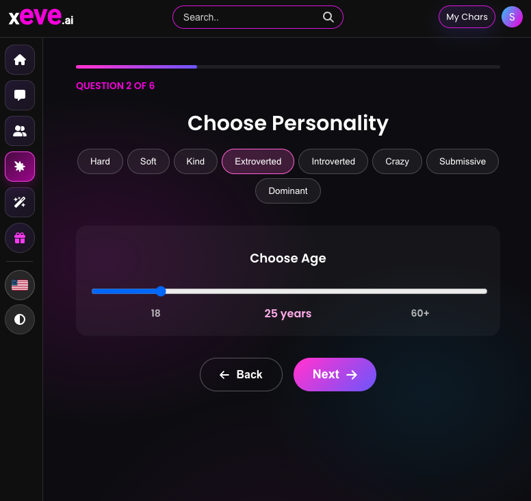 Step 2 of the xeve.ai AI girlfriend creator: personality options and the age slider from 18 to 60