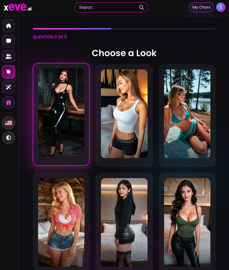 Step 3 of the xeve.ai AI girlfriend creator: gallery of looks to choose from