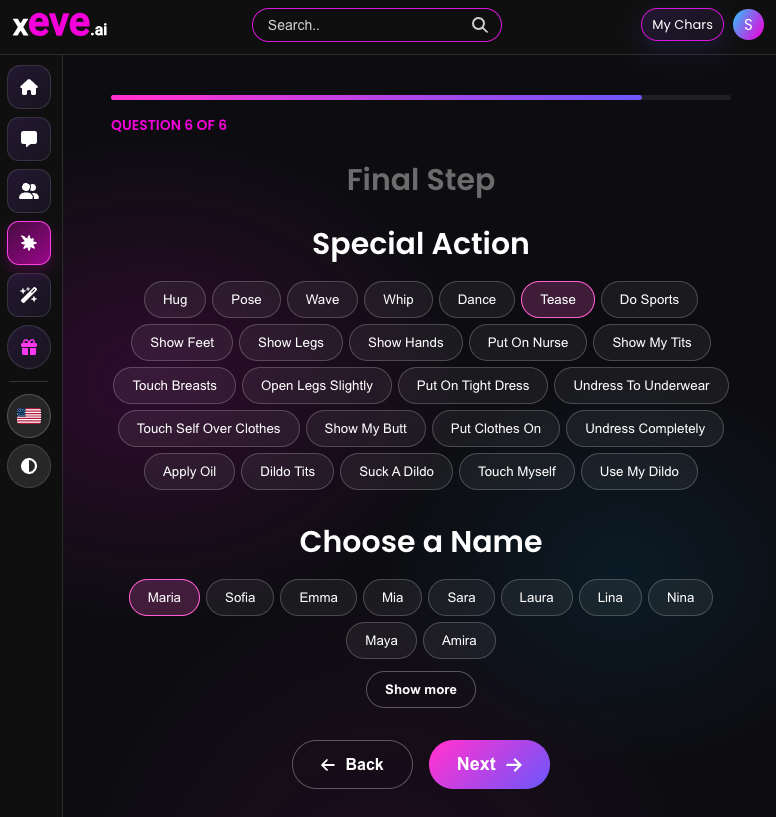 Final step of the xeve.ai AI girlfriend creator: choosing a special action and a name